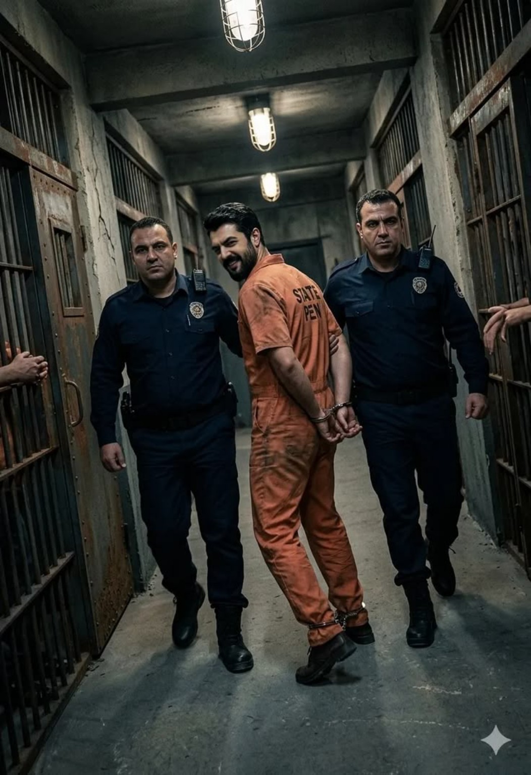 A prisoner escorted through the cell corridor