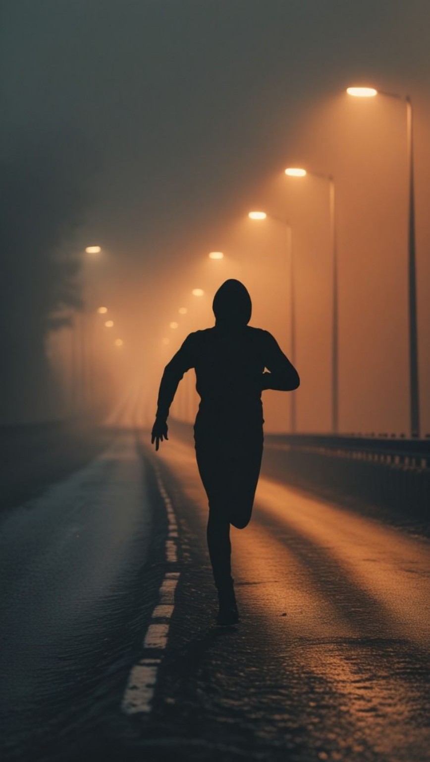 An unidentified hooded person running through a street at night