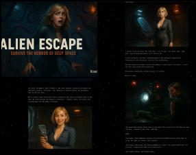 You awaken alone aboard a silent spacecraft adrift in orbit - the crew gone, systems failing, something wrong in the walls.

As you search for a way out, something begins to hunt you.
It doesn’t speak. It doesn’t stop. And it remembers you.

Alien Escape is an atmospheric, narrative-driven sci-fi horror experience with mature themes, branching paths, and multiple endings.

Explore the ship. Make choices. Try to survive.

This is my first visual novel. It was created primarily as a learning project, so the story is relatively short. I'm not an artist, so I used AI-generated images to visualize the scenes. The video clips were sourced from the internet - full details are listed in the Credentials section.

If you know an artist who might be interested in collaborating to replace the visuals with something more consistent and tailored to the story, feel free to reach out in the comments or on Patreon.

English is not my first language, so I also used AI to help with the translation.