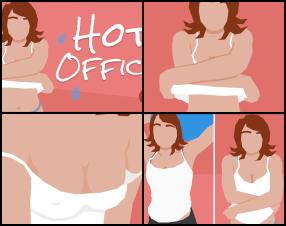 Your coworker Sophie is alone on the office & the AC is broken. Chat with her & encourage her to undress to keep cool.